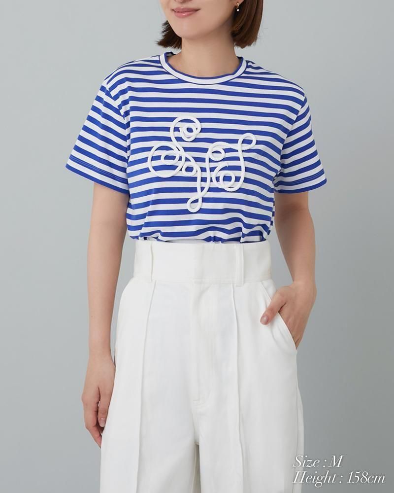ボーダーコード刺繍Tシャツ(ベージュ×ネイビー) - seventen