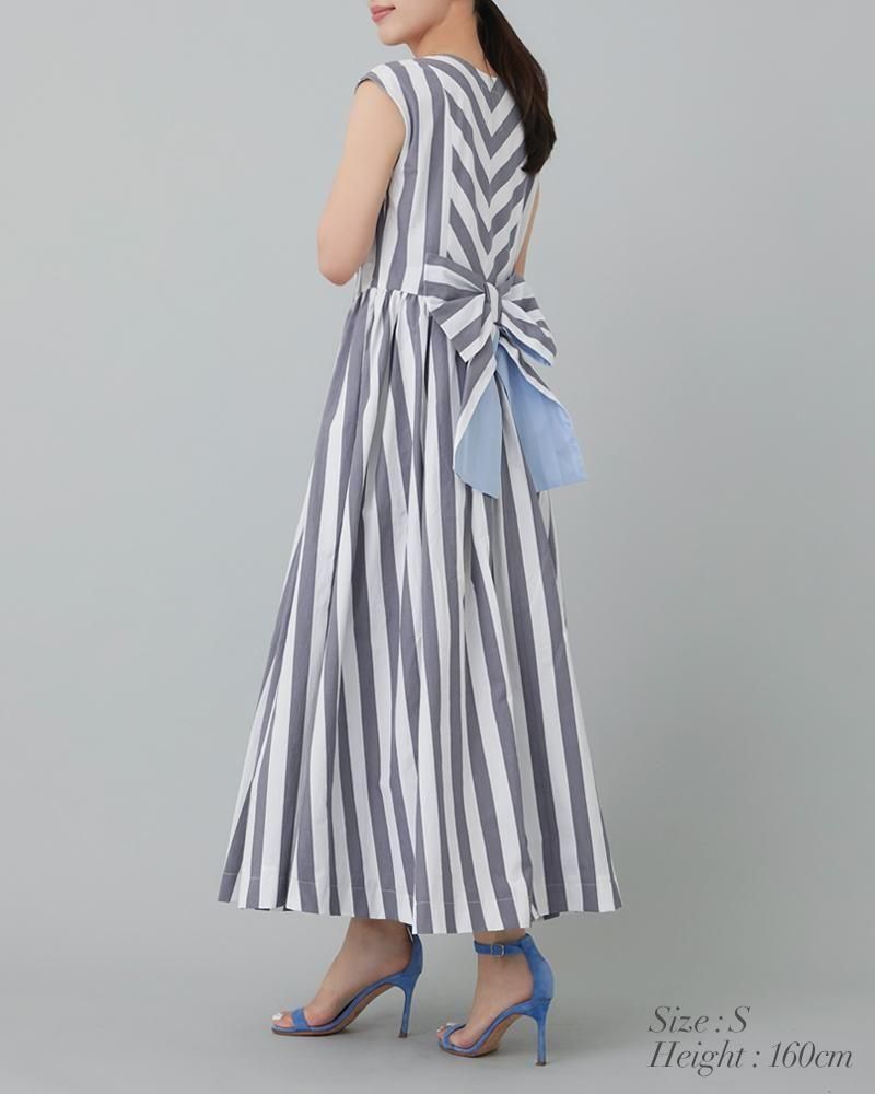 20％off】バックリボンストライプワンピース(ネイビー) - seventen