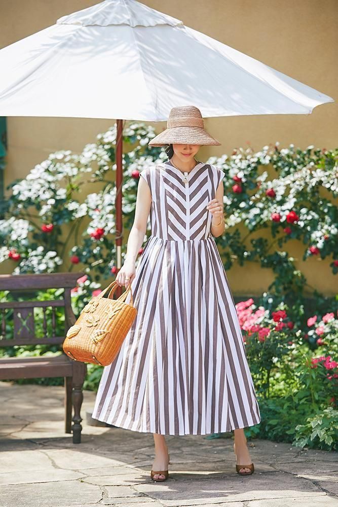 20％off】バックリボンストライプワンピース(ブラウン) - seventen