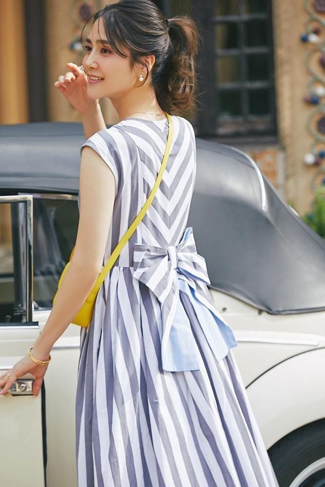 20％off】バックリボンストライプワンピース(グレー) - seventen