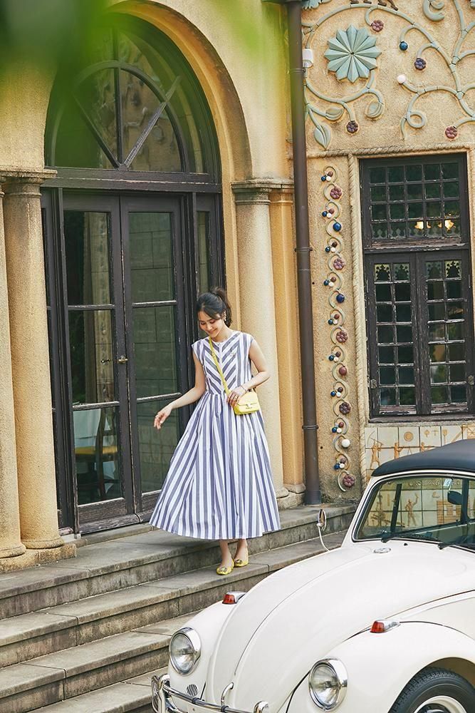 新作【SEVEN TEN】セブンテン バックリボンストライプワンピース 20％off】バックリボンストライプワンピース(ブラック) - seventen