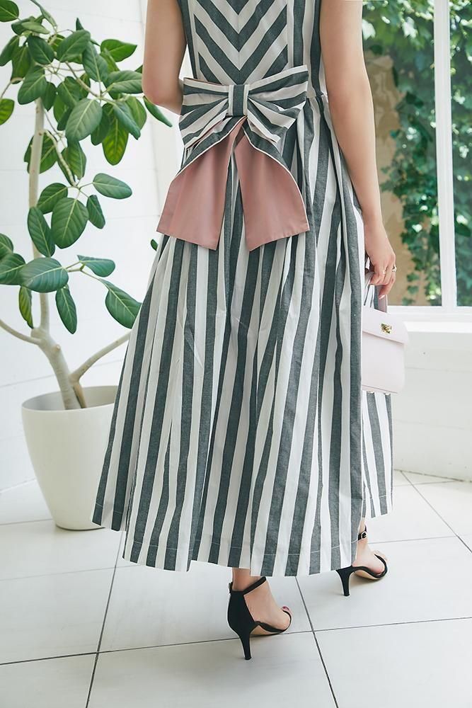 20％off】バックリボンストライプワンピース(ブラック) - seventen