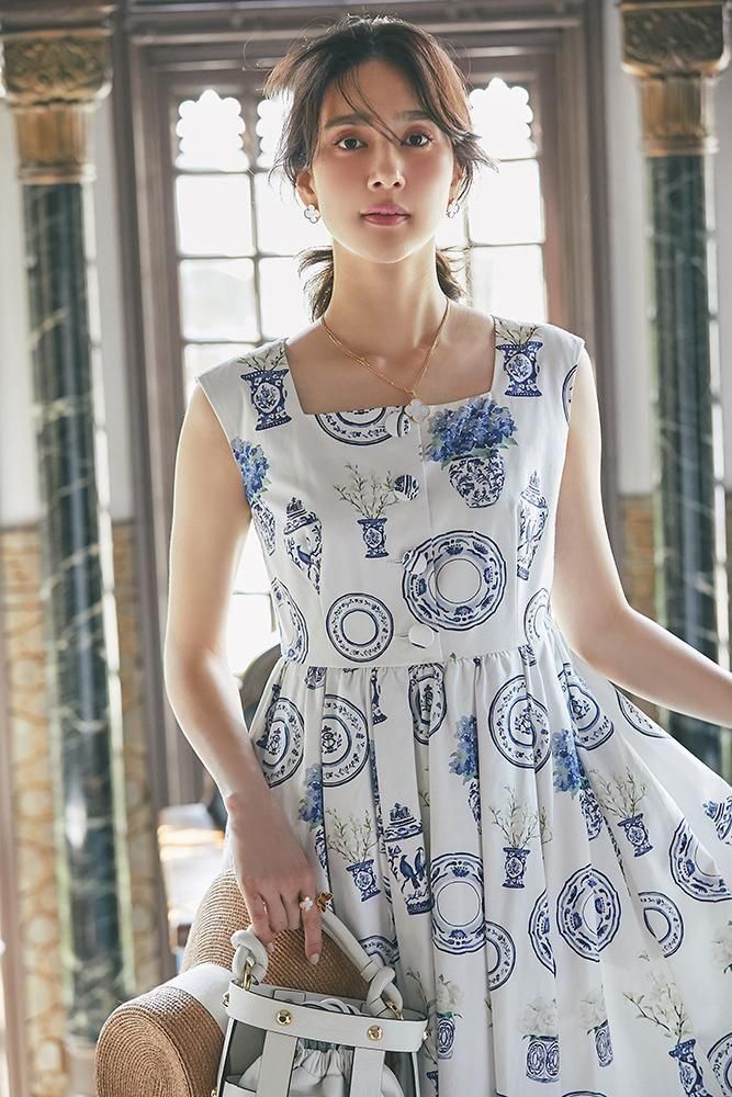 リバ子 seventen ブルーアンドホワイトプリントドレス ブルーアンドホワイトプリントドレス - seventen
