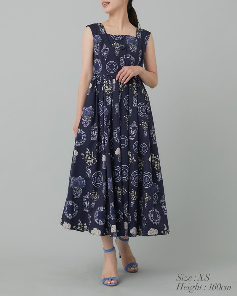 ブルーアンドホワイトプリントワンピース(ネイビー) - seventen