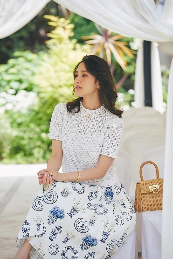 ブルーアンドホワイトプリントスカート(ホワイト) - seventen