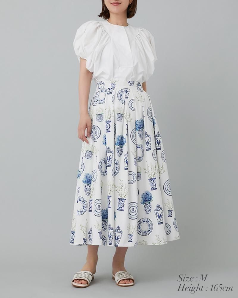 ★Karen Millen★ スプリングツイードテーラードフルスカート ブルーアンドホワイトプリントスカート(ピンク) - seventen