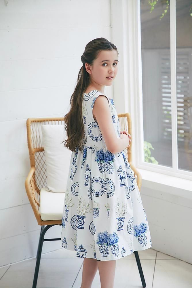 ブルーアンドホワイトプリントKID'Sワンピース(ホワイト) - seventen