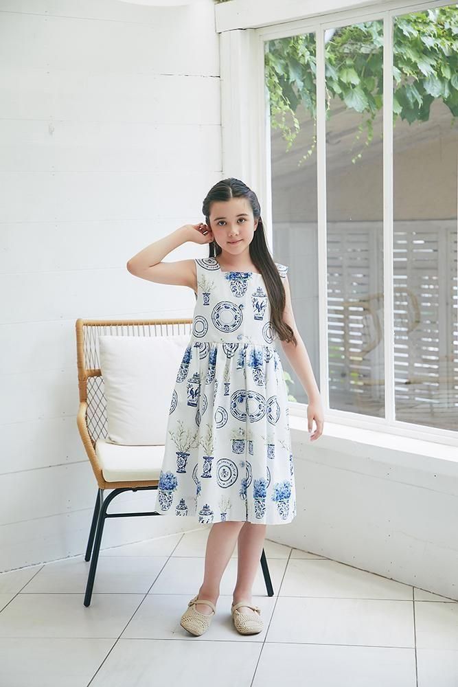 ブルーアンドホワイトプリントKID'Sワンピース(ホワイト) - seventen