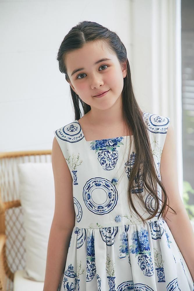 ブルーアンドホワイトプリントKID'Sワンピース(ホワイト) - seventen