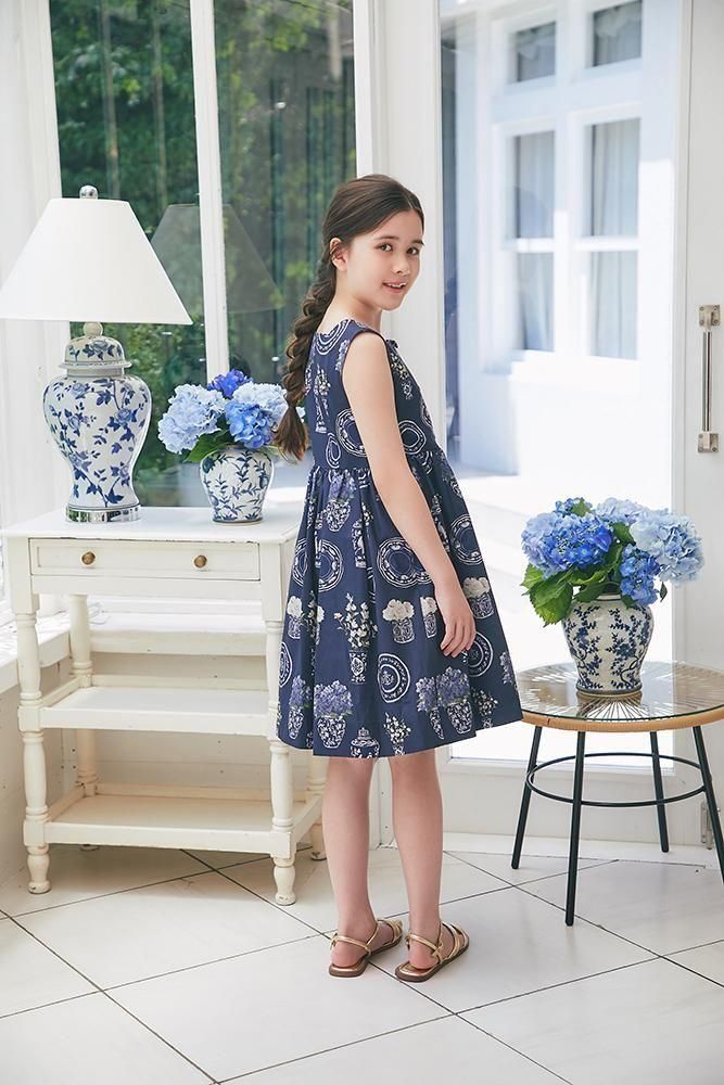 ブルーアンドホワイトプリントKID'Sワンピース(ネイビー) - seventen
