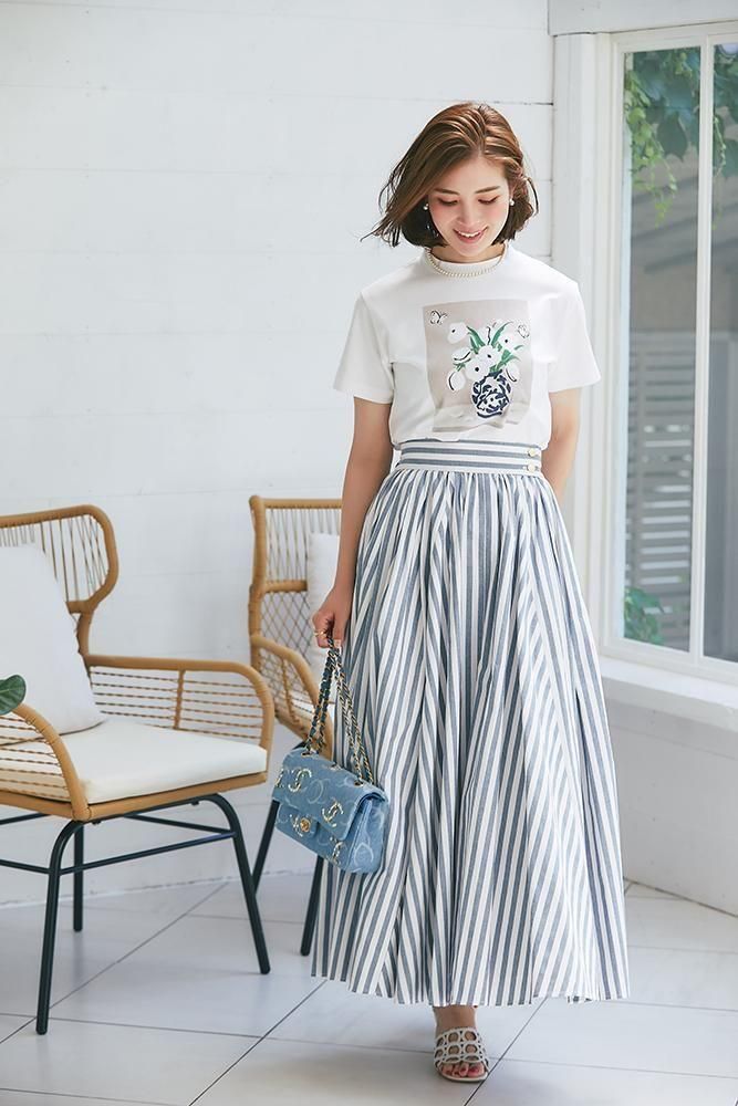 20％off】ハイウエストストライプスカート(ネイビー) - seventen