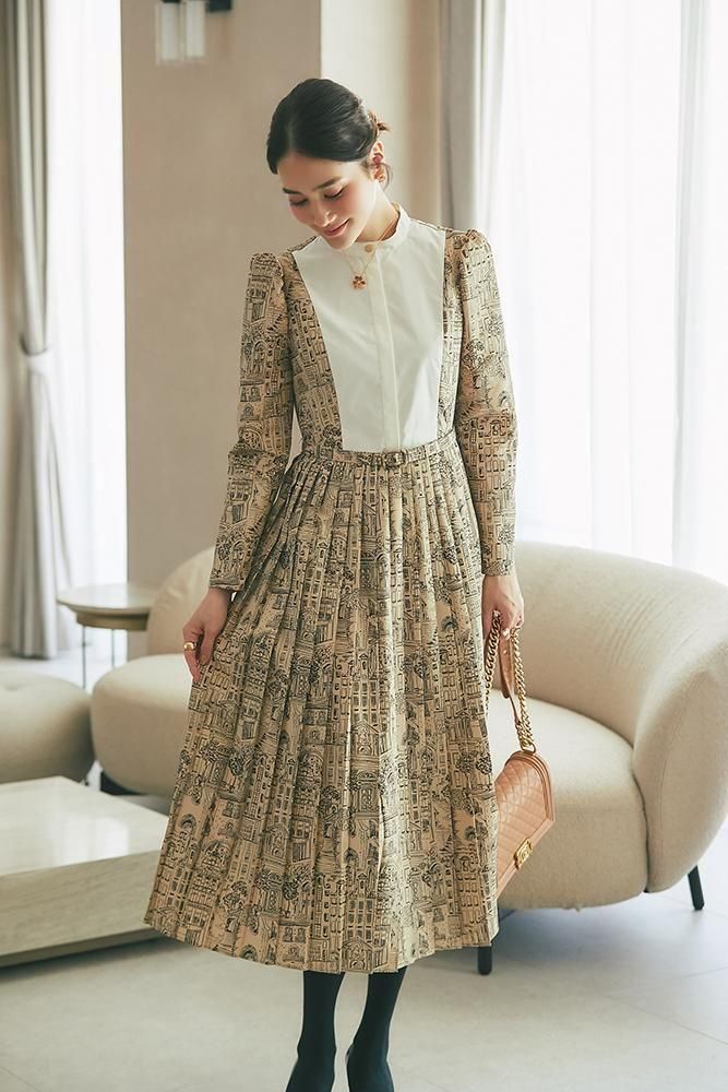 タウンプリントワンピース(ベージュ) - seventen