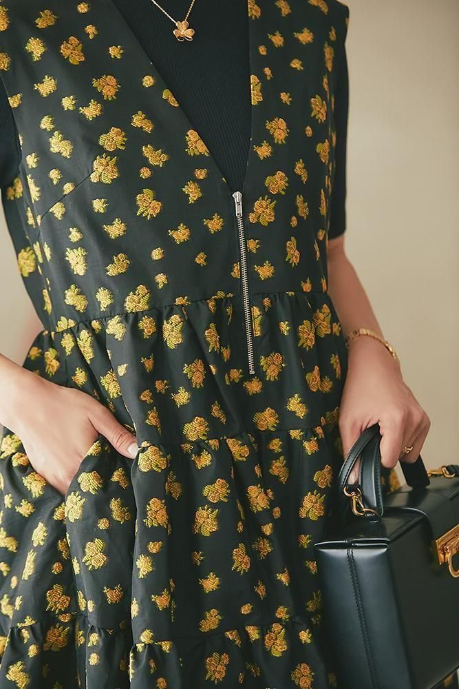 Vネックジャガードワンピース(ブラック×イエロー) - seventen