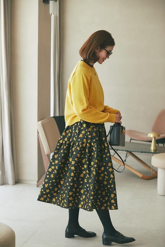 Vネックジャガードワンピース(ブラック×イエロー) - seventen