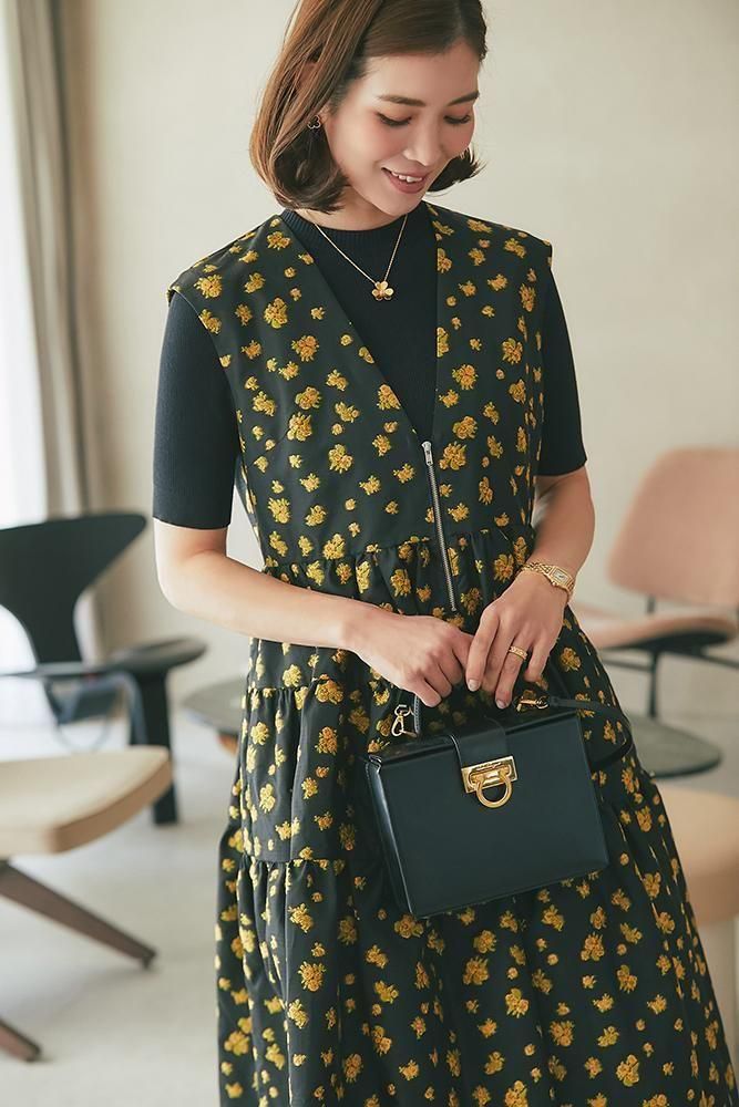 Vネックジャガードワンピース(ブラック×イエロー) - seventen