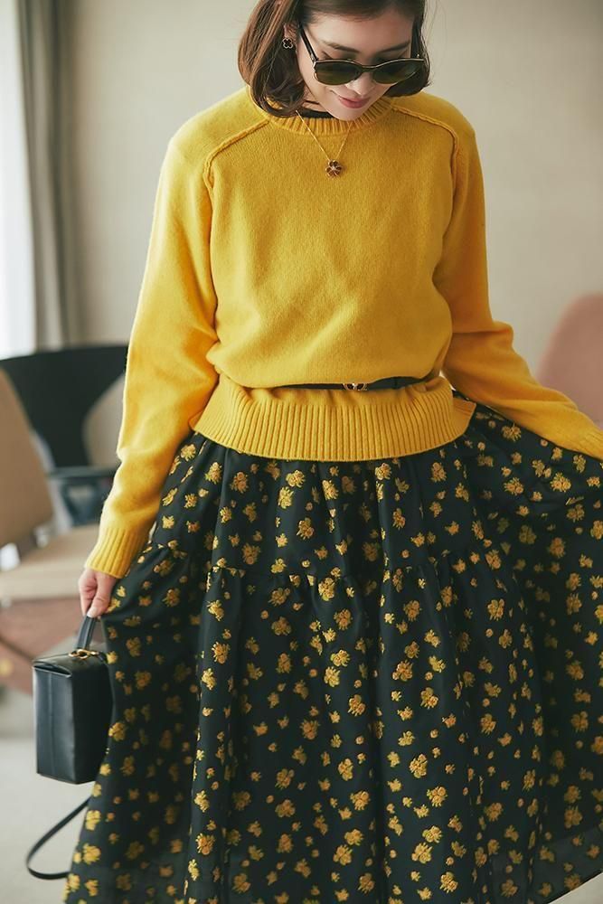 Vネックジャガードワンピース(ブラック×イエロー) - seventen