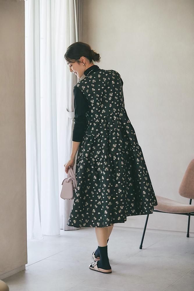 予約】【10月上旬頃配送】Vネックジャガードワンピース(ブラック