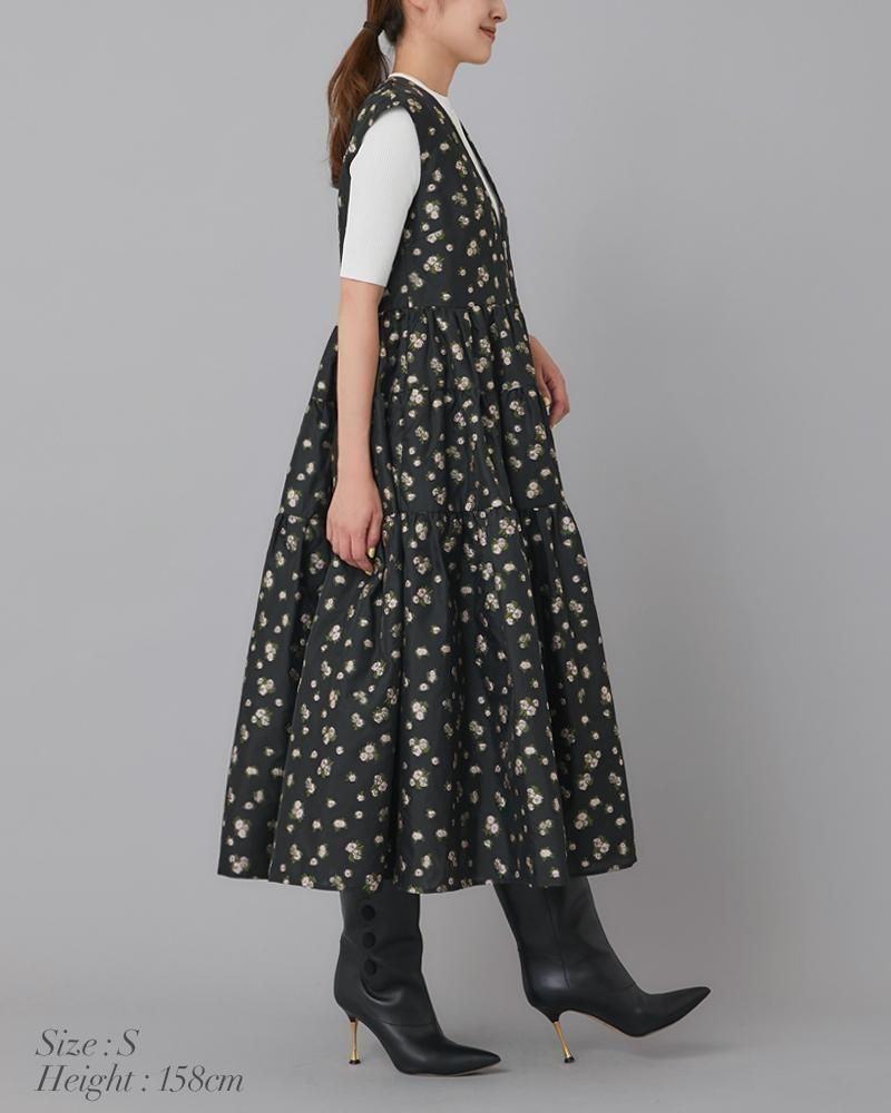 Vネックジャガードワンピース(ブラック×ピンク) - seventen