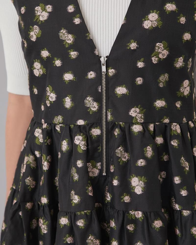 Vネックジャガードワンピース(ブラック×ピンク) - seventen