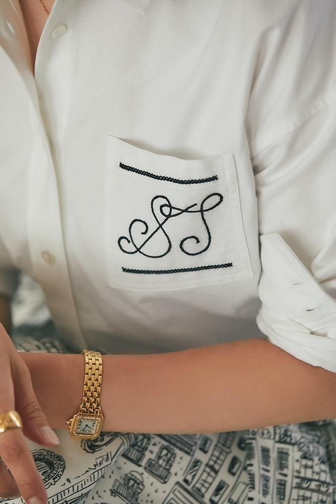 STステッチ刺繍シャツ(ホワイト×ブラック) - seventen