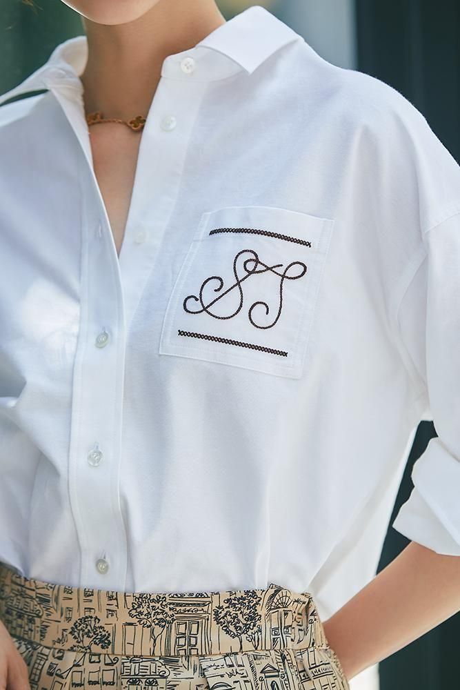 新品STステッチ刺繍シャツ(ギンガム) STステッチ刺繍シャツ(ホワイト×ブラウン) - seventen