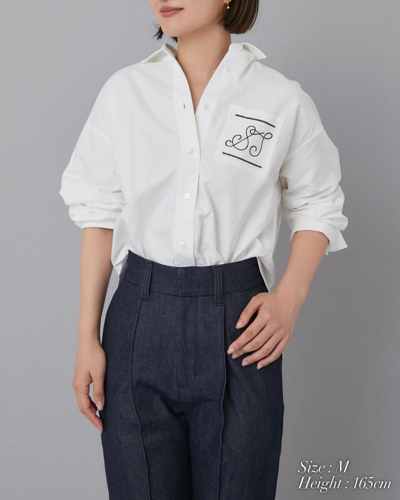 STステッチ刺繍シャツ(ホワイト×ブラウン) - seventen