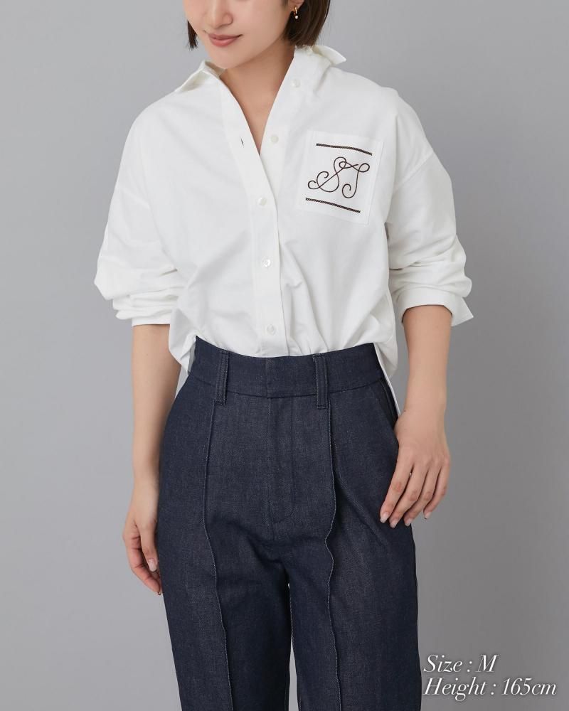 STステッチ刺繍シャツ(ホワイト×ブラウン) - seventen