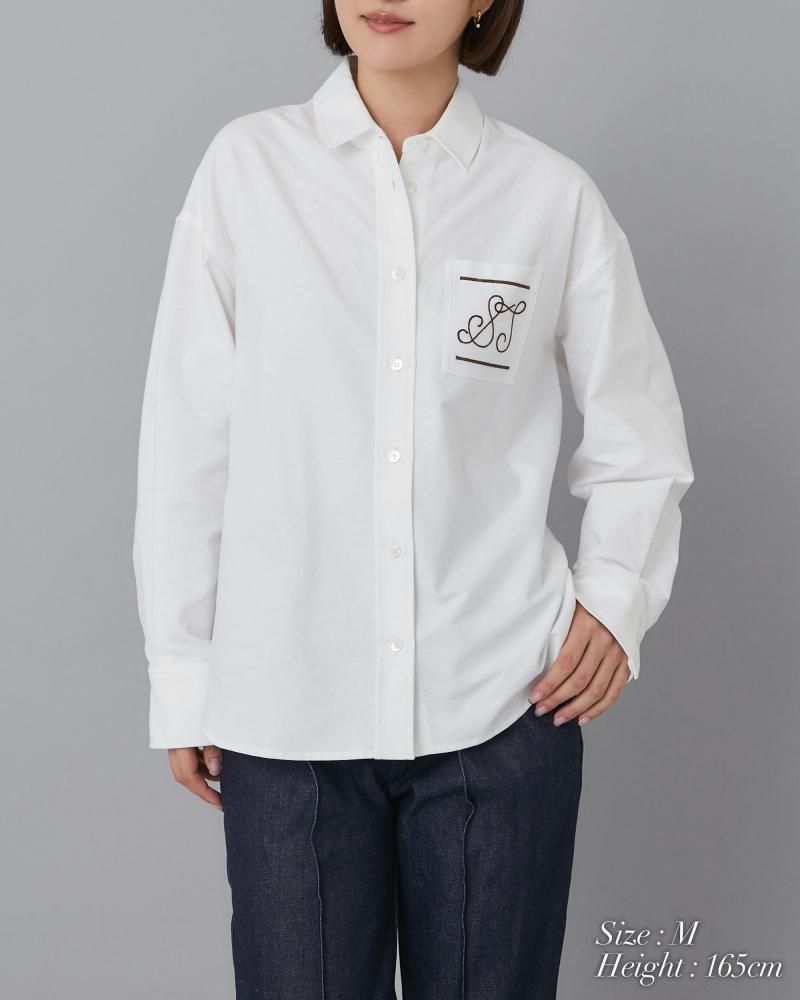 STステッチ刺繍シャツ(ホワイト×ブラウン) - seventen