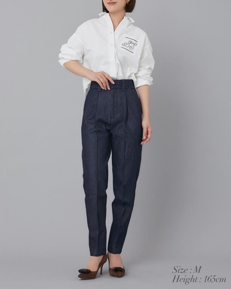 STステッチ刺繍シャツ(ホワイト×ブラウン) - seventen