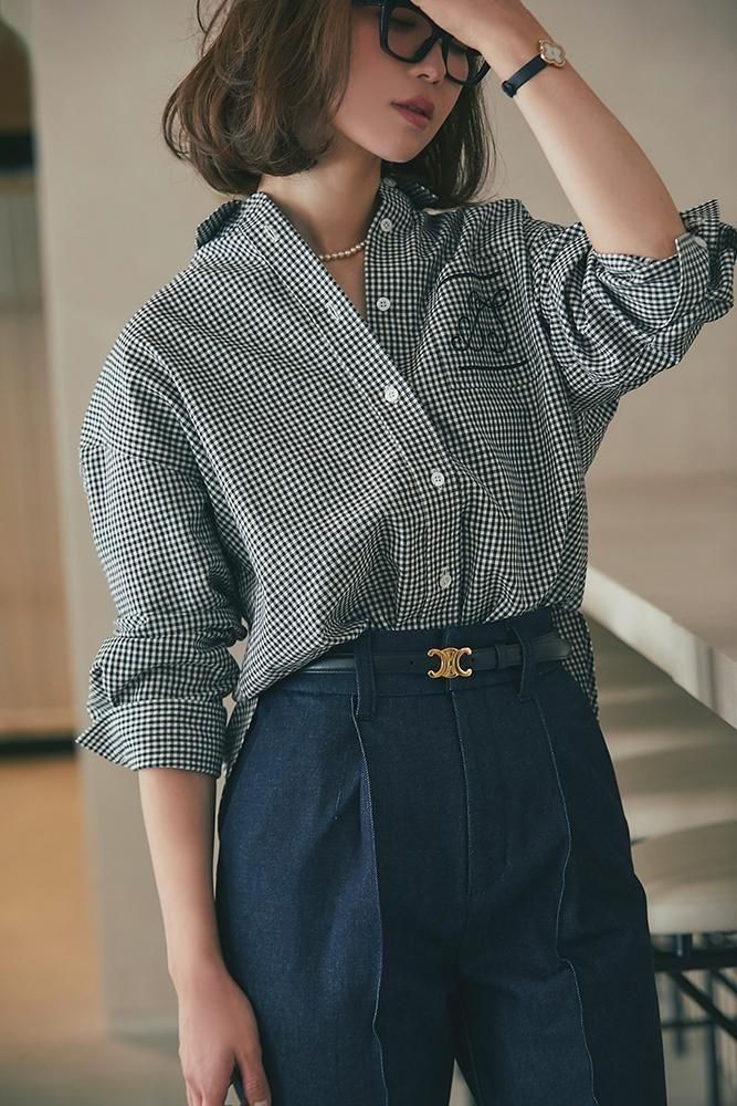 STステッチ刺繍シャツ(ギンガム) - seventen