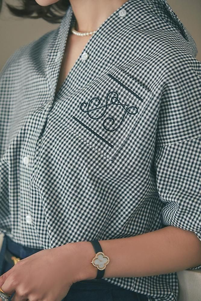 STステッチ刺繍シャツ(ギンガム) - seventen