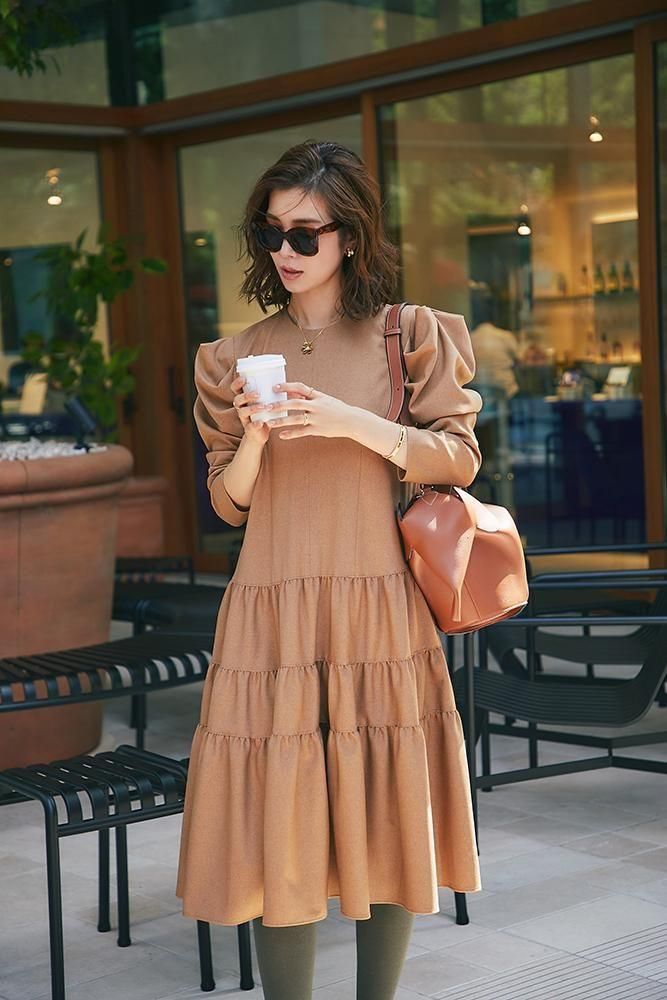 ウールライクティアードワンピース(キャメル) - seventen