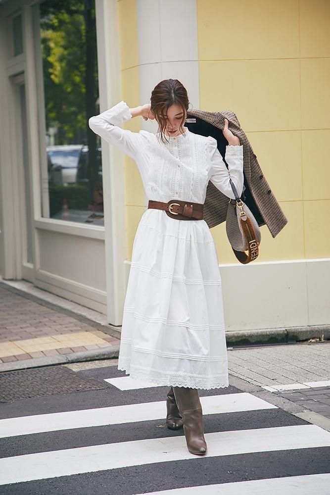 ピンタックレースワンピース(ホワイト) - seventen