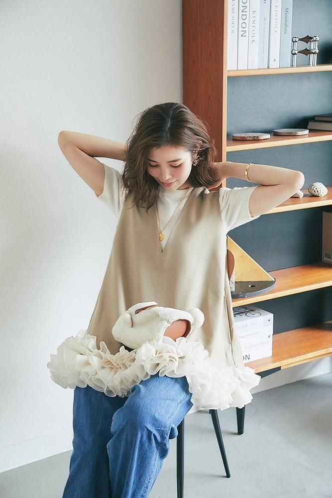 フリルトリムトップス(ベージュ) - seventen