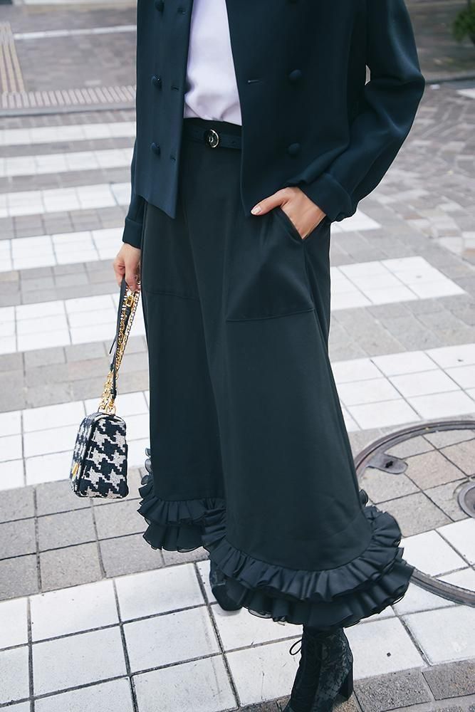 フリルトリムスカート(ブラック×ブラック) - seventen