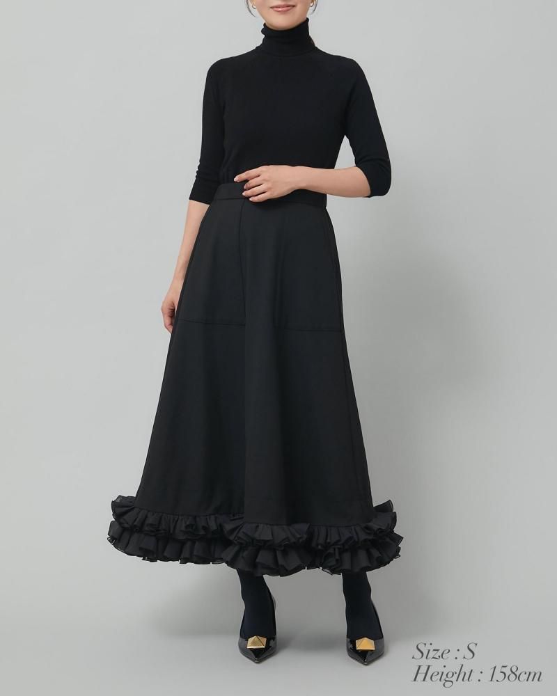 フリルトリムスカート(ブラック×オフホワイト) - seventen