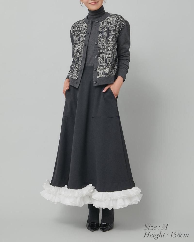 フリルトリムスカート(ブラック×オフホワイト) - seventen