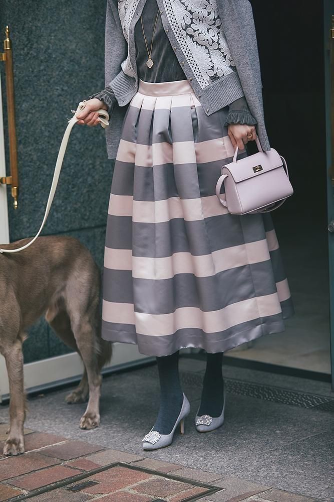 ボーダーサテンスカート(ピンク×グレー) - seventen