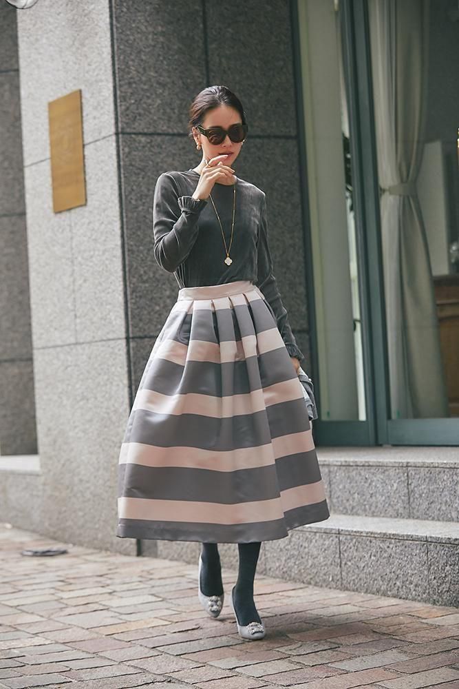 予約】【12月中旬頃配送】ボーダーサテンスカート(ピンク×グレー