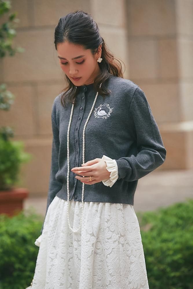 ワンポイント刺繍カーディガン(グレー) - seventen