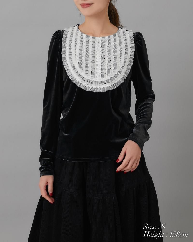 チュールフリルベロアトップス(ブラック) - seventen