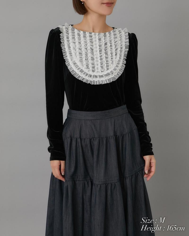 チュールフリルベロアトップス(ブラック) - seventen