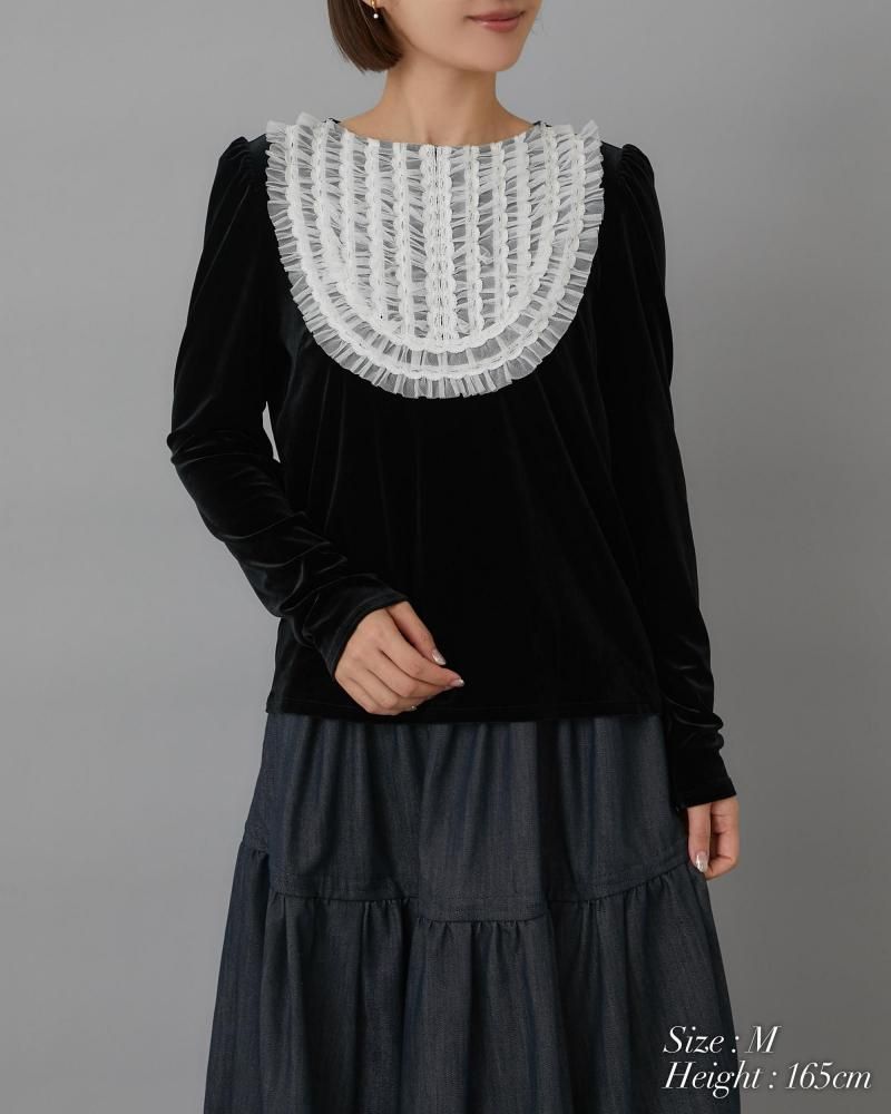 チュールフリルベロアトップス(ブラック) - seventen