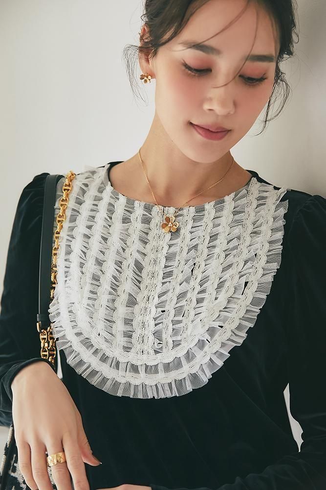 チュールフリルベロアトップス(ブラック) - seventen