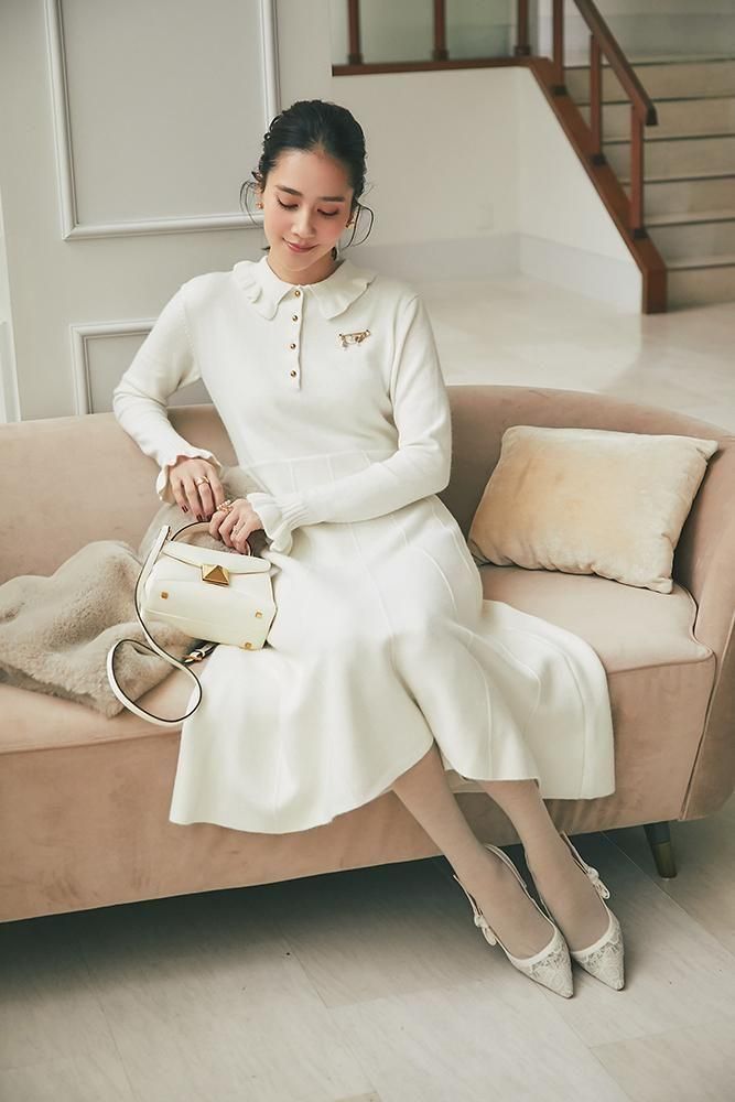 フリル襟ニットワンピース(オフホワイト) - seventen