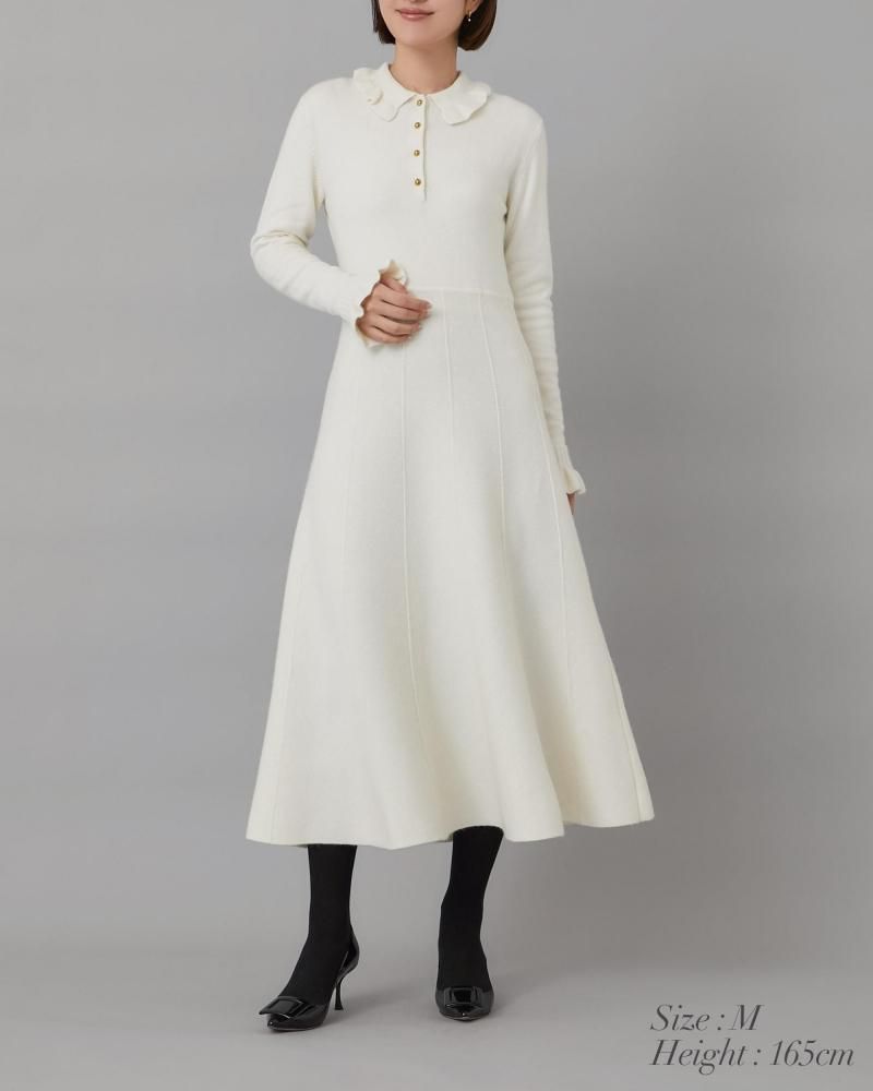 フリル襟ニットワンピース(オフホワイト) - seventen