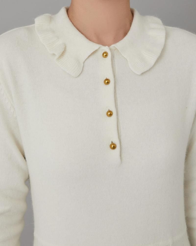 フリル襟ニットワンピース(オフホワイト) - seventen