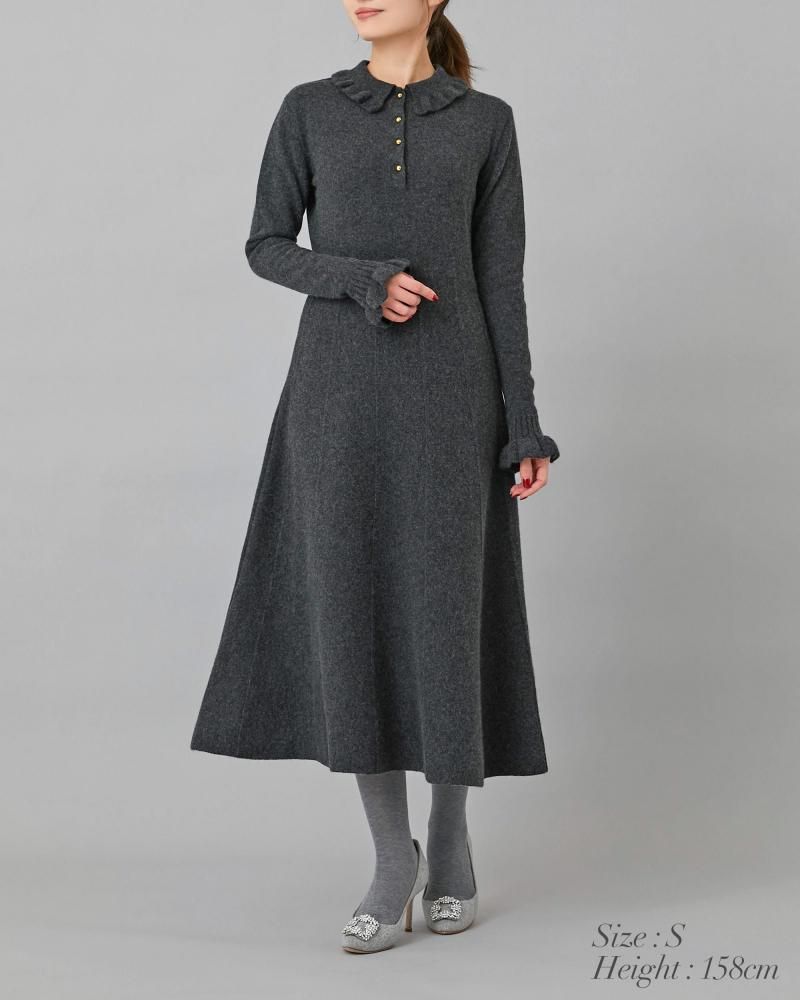 ♡ 秋冬襟ぐりフリルデザインニットワンピース フリル襟ニットワンピース(オフホワイト) - seventen