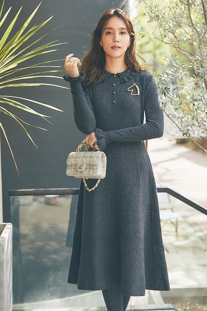 フリル襟ニットワンピース(グレー) - seventen