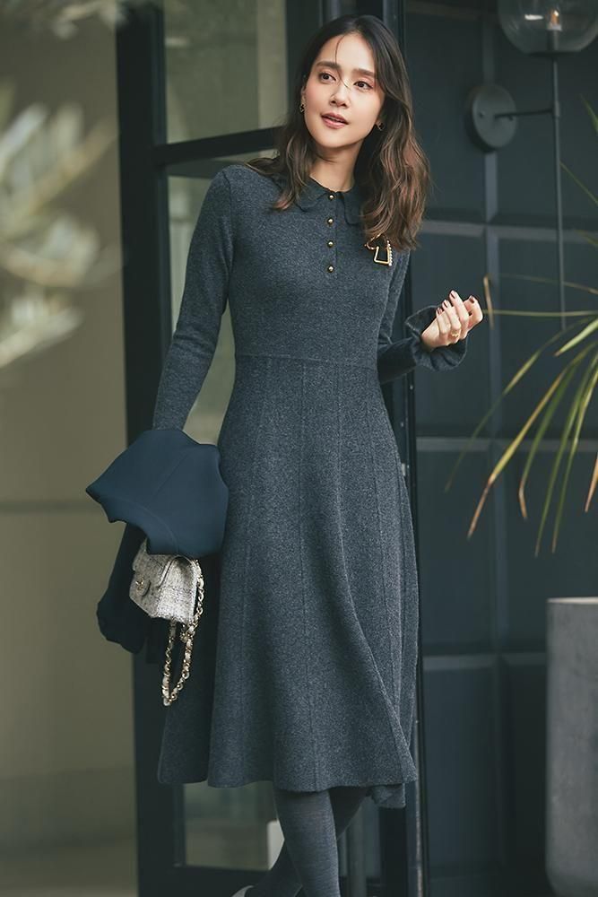 フリル襟ニットワンピース(グレー) - seventen